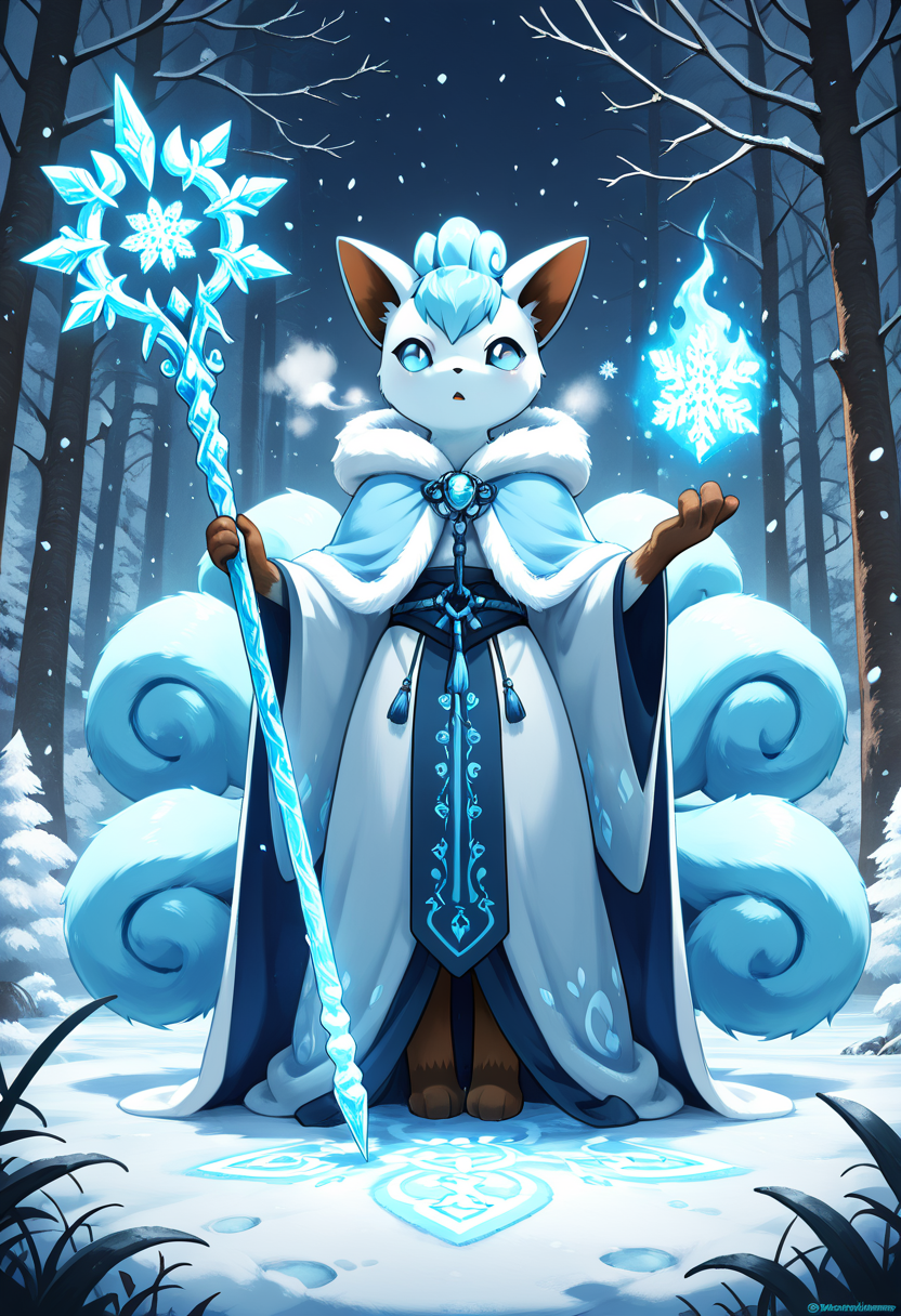 masterpiece, best quality,    <lora:VulpixPokedex_IXL:1.0>,  , ice magic, glowing runes, snowstorm, blue flame, ancient robes, frost-covered fur, frozen forest, staff, winter, breath visible, standing on ice, mystical aura, swirling snowflakes â Wrapped in ancient frost-rimmed robes, zzVulpix chants beneath the swirling snow. Runes glow across her staff, and her six tails shimmer with enchanted ice. As a blizzard whips through the frozen forest, a faint blue flame hovers in her paw. Her fur is dusted with frost, her breath rising in misty clouds. She stands poised on a glassy sheet of ice, summoning an elemental force older than time.