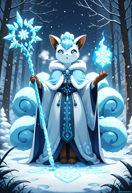 masterpiece, best quality, <lora:VulpixPokedex_IXL:1.0>, , ice magic, glowing runes, snowstorm, blue flame, ancient robes, frost-covered fur, frozen forest, staff, winter, breath visible, standing on ice, mystical aura, swirling snowflakes â Wrapped in ancient frost-rimmed robes, zzVulpix chants beneath the swirling snow. Runes glow across her staff, and her six tails shimmer with enchanted ice. As a blizzard whips through the frozen forest, a faint blue flame hovers in her paw. Her fur is dusted with frost, her breath rising in misty clouds. She stands poised on a glassy sheet of ice, summoning an elemental force older than time.