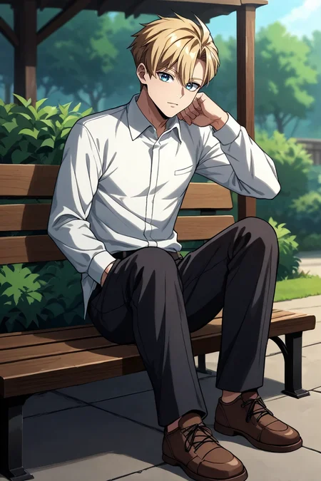 score_9, score_8_up, score_7_up,score_6_up,score_5_up,score_4_up,source_anime,BREAK, rating_safe, intricate details , , , anime screencap, anime coloring, official style, depth of field,1boy, solo, male focus , , , <lora:ed:0.78>,ed rothstaylor,blonde hair,light blue eyes,short hair,side swept,hair between eyes,shirt, long sleeves,sitting, full body, white shirt, outdoors, shoes, day, collared shirt, pants, blurry, brown footwear, black pants,bench,hand in pocket,from below,looking at viewer, , , <lora:sdxl_lightning_8step_lora_315544:1>