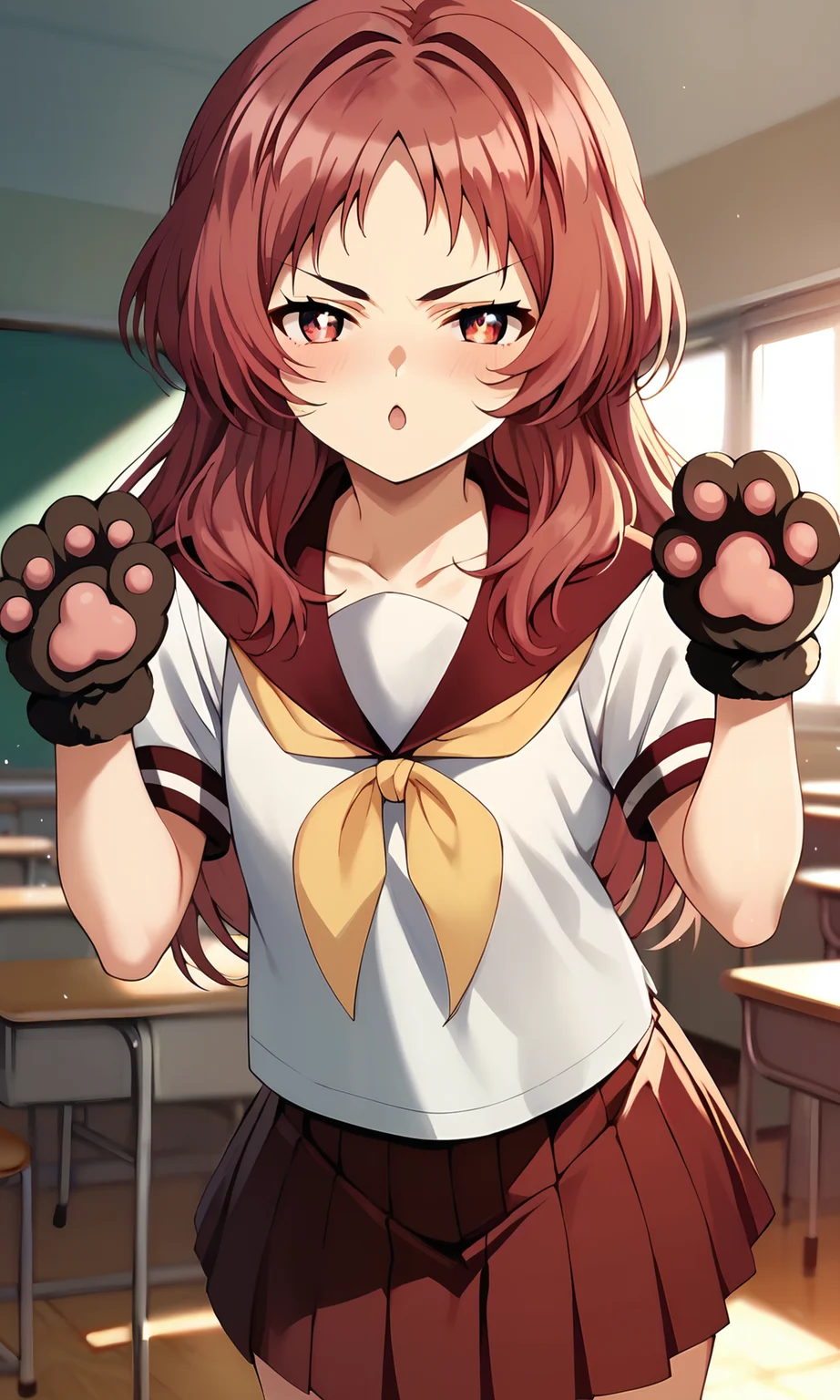 score_9, score_8_up, score_7_up, source_anime, zPDXL2, 1girl, <lora:ai_mie:1>, miewz, red eyes, red hair, long hair, serafuku, sailor collar, yellow neckerchief, white shirt, school uniform, red skirt, pleated skirt, black socks, standing, cowboy shot, looking at viewer, paw gloves, paw pose, v-shaped eyebrows, v-shaped eyes, light blush, classroom, indoors, leaning forward, <lora:sd_xl_dpo_lora_v1:1>