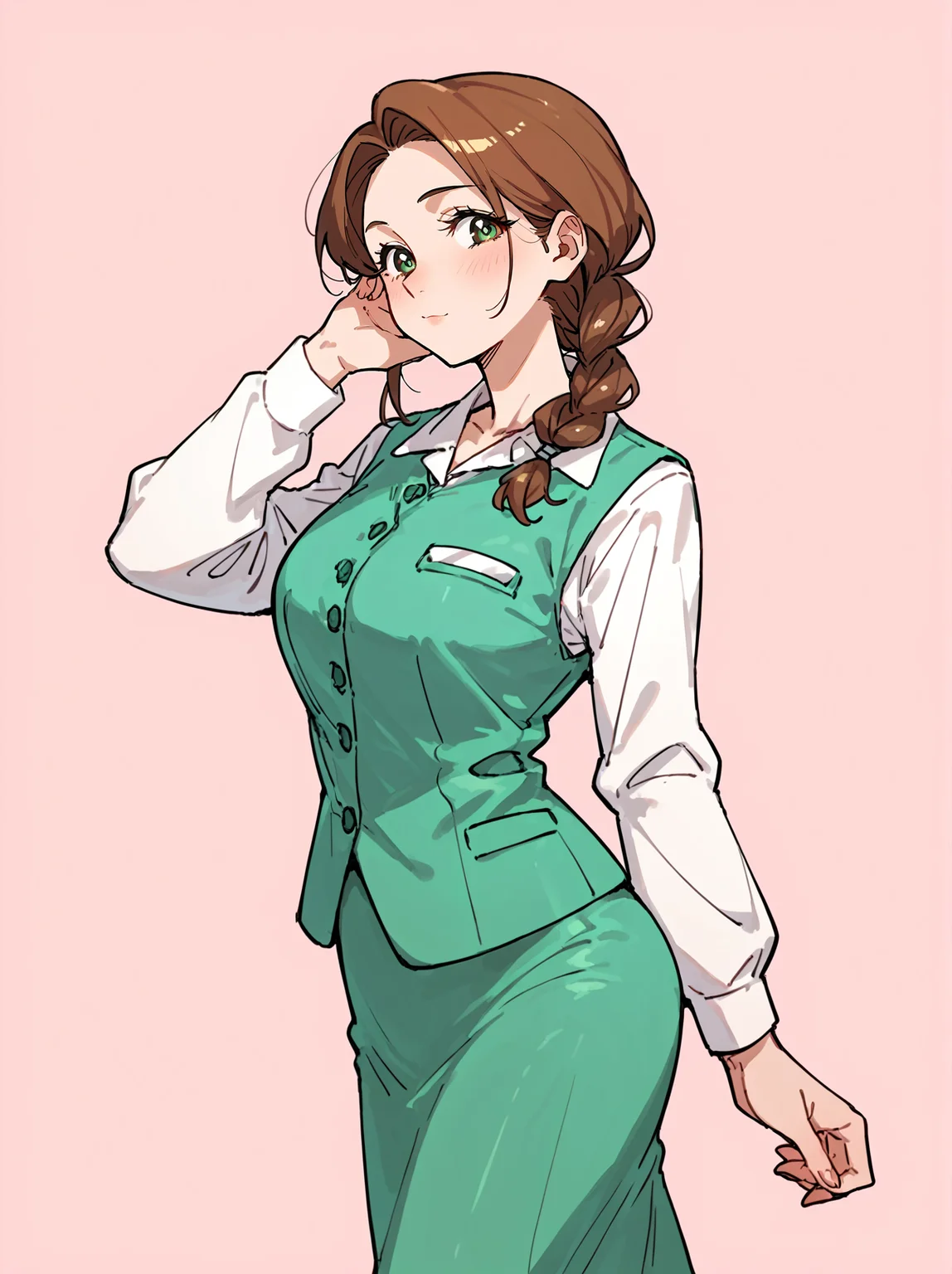 score_8_up, score_7_up, score_6_up, source_anime, 1girl, solo, simple background, pink background,
standing, pose, contrapposto, arched back, cowboy shot, facing viewer
mature female,
white shirt, green vest, green skirt
<lora:Yor_Forger_Office_Lady:1>