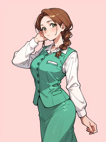 score_8_up, score_7_up, score_6_up, source_anime, 1girl, solo, simple background, pink background,
standing, pose, contrapposto, arched back, cowboy shot, facing viewer
mature female,
white shirt, green vest, green skirt
<lora:Yor_Forger_Office_Lady:1>