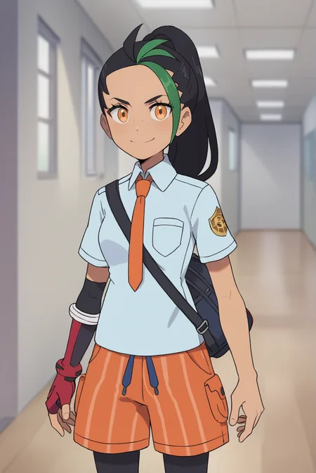 score_9, score_8_up, score_7_up, score_6_up, score_5_up, score_4_up, BREAK source_anime, 1girl, solo,
<lora:PokemonNemonaXL-v1-06:0.7>, ChopioNemona, black hair, green hair, streaked hair, ponytail, long hair, eyelashes, orange eyes, freckles,
outfit_1, light blue shirt, collared shirt, orange necktie, short sleeves, breast pocket, red elbow glove, fingerless glove, single elbow glove, orange shorts, striped shorts, legwear under shorts, black leggings,
black school bag,
school, hallway, window, standing, smile,