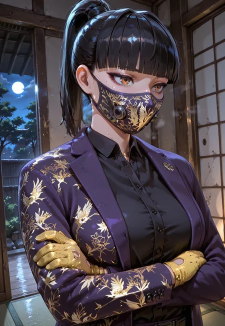 lazypos, masterpiece, best quality, dynamic angle, 1girl, solo, azamir6s, brown eyes, black hair, blunt bangs, ponytail, purple jacket, black buttoned shirt, face mask, yellow gloves, arms crossed, japanese room, night time, moonlight, detailed scenery