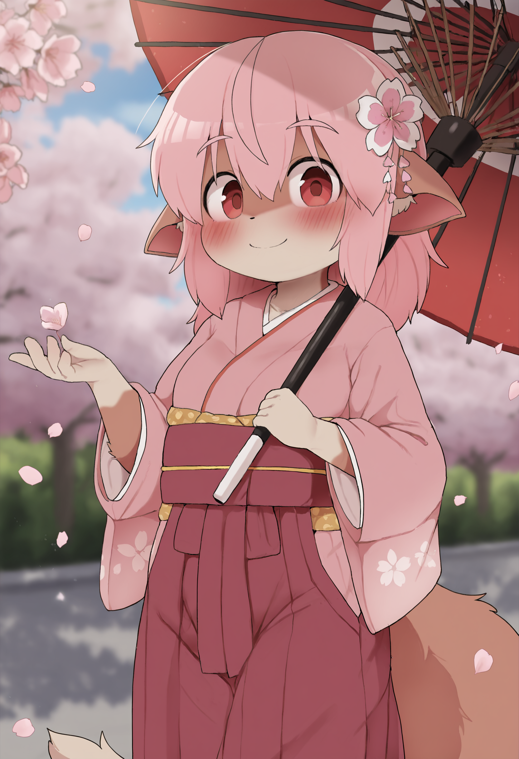 1girl,furry female,anthro,momo \(dagasi\),small breasts,red eyes,body fur,brown fur,white fur,two-tone fur,medium hair,pink hair,fox girl,fox ears,ears down,fox tail,animal nose,
(dagasistyle:0.8),solo,blurry background,outdoors,cherry blossoms,falling petals,
standing,holding umbrella,oil-paper umbrella,umbrella over shoulder,hand up,holding petals,
looking at viewer,smile,closed mouth,
(hakama skirt:1.1),japanese clothes,(pink kimono:1.1),wide sleeves,hair flower,obi,
masterpiece,best quality,highres,absurdres,newest,very awa,uncensored,