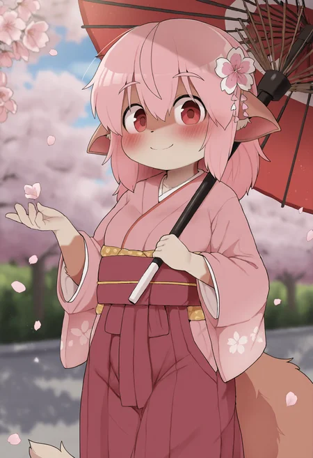1girl,furry female,anthro,momo \(dagasi\),small breasts,red eyes,body fur,brown fur,white fur,two-tone fur,medium hair,pink hair,fox girl,fox ears,ears down,fox tail,animal nose,
(dagasistyle:0.8),solo,blurry background,outdoors,cherry blossoms,falling petals,
standing,holding umbrella,oil-paper umbrella,umbrella over shoulder,hand up,holding petals,
looking at viewer,smile,closed mouth,
(hakama skirt:1.1),japanese clothes,(pink kimono:1.1),wide sleeves,hair flower,obi,
masterpiece,best quality,highres,absurdres,newest,very awa,uncensored,