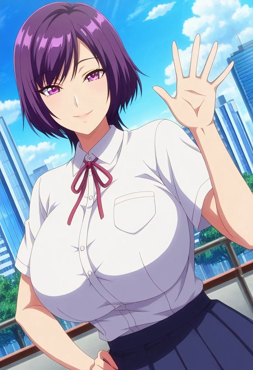 general,highres, ultra-detailed,very aesthetic,best quality ,best hands,best eyes,easynegative,
dynamic anglre, dutch angle, anime cloring,anime screencap,
1girl solo,looking at viewer,,city,smile, waving hand, hand on hip,
Lili Manabe,purple hair,purple eyes,short hair,huge breasts,school uniform,