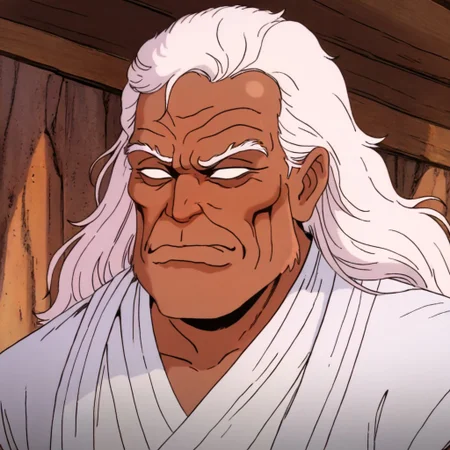masterpiece, best quality, newest, absurdres, highres,
X-1990STV1.0,
1boy, dark skin, dark skinned male, white hair, long beard, long hair, monk, white robe, white eyes, blind eyes, wrinkles, wrinkled face, wrinkled, wrikly, old, mature, old man