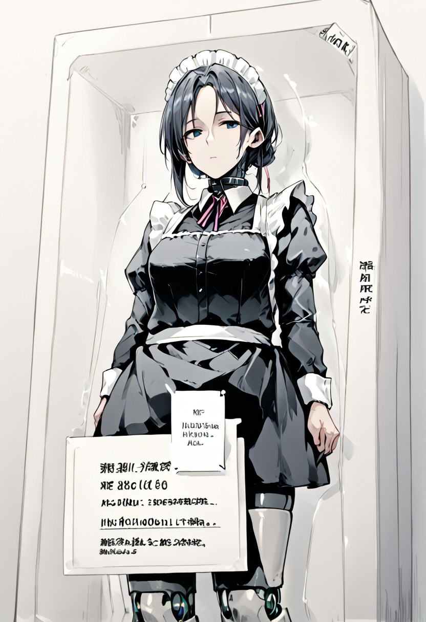 score_9, score_8, score_7 , (name on box), slave collar, sex, doll, ((sex doll in the box)),1girl, solo, 1girl,adroid1,expressionless,maid, maid apron,fair skin,