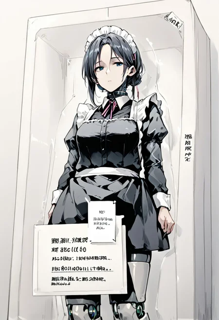 score_9, score_8, score_7 , (name on box), slave collar, sex, doll, ((sex doll in the box)),1girl, solo, 1girl,adroid1,expressionless,maid, maid apron,fair skin,