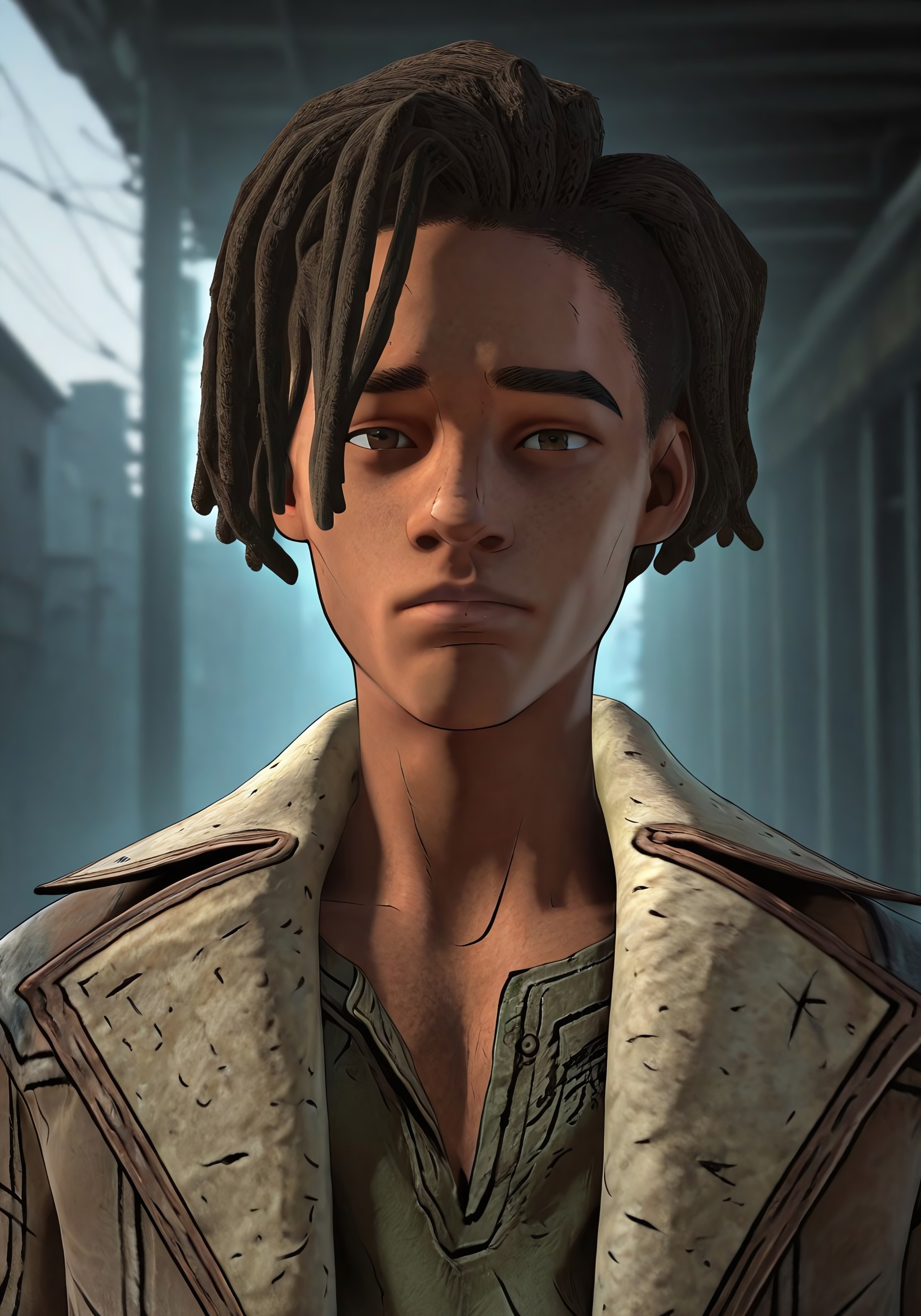 safe_pos, safe_pos, masterpiece, best quality, amazing quality, very aesthetic, high resolution, ultra-detailed, absurdres, newest, scenery, 1boy, male focus, 1boy, LouTWD, dark skin, dreadlocks, brown hair, brown eyes, solo, green t-shirt, brown trench coat, portrait, looking at viewer, 18 years old, BREAK, masterpiece, best quality, amazing quality, very aesthetic, high resolution, ultra-detailed, absurdres, newest, scenery, volumetric lighting, depth of field, dynamic pose,