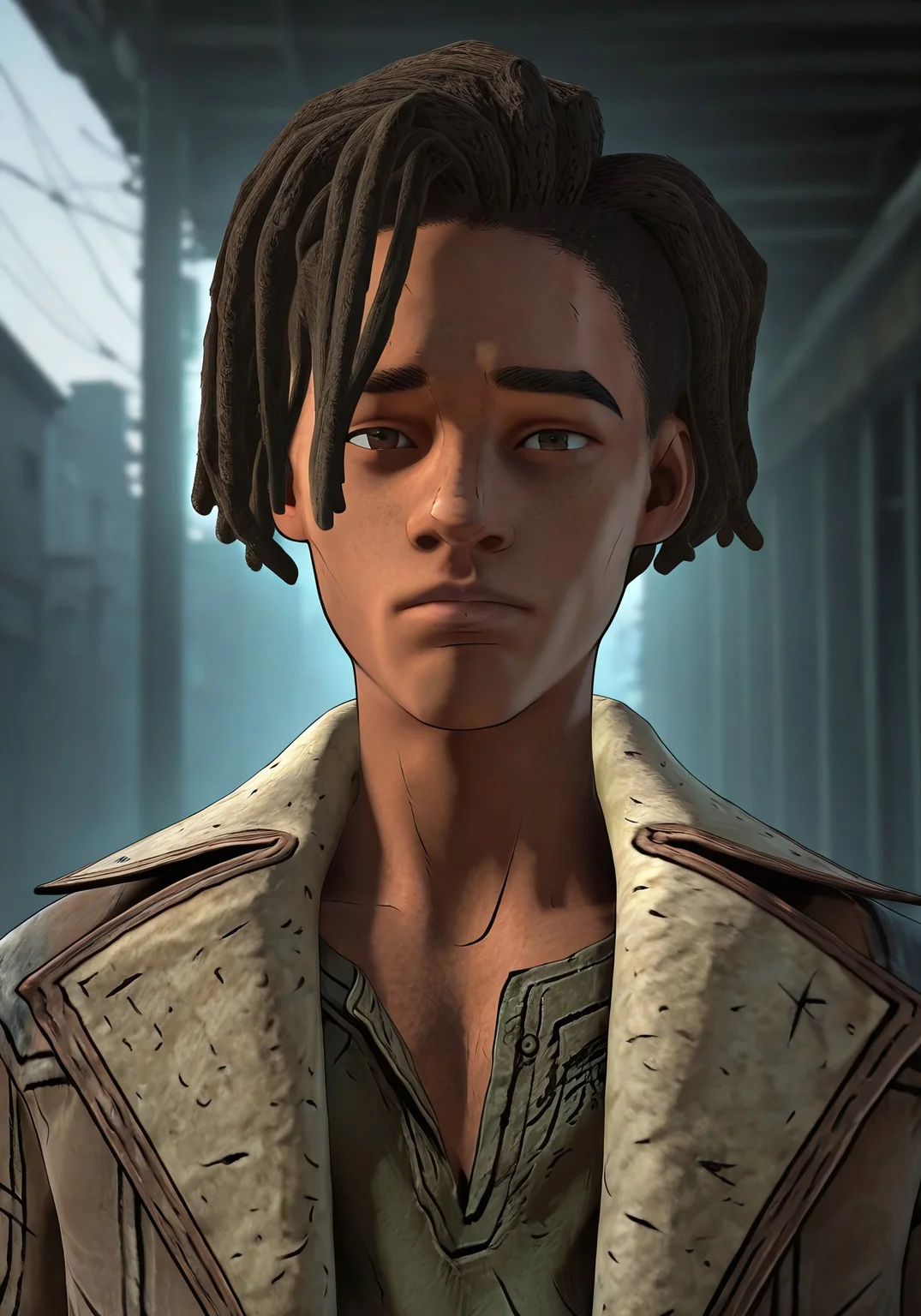 safe_pos, safe_pos, masterpiece, best quality, amazing quality, very aesthetic, high resolution, ultra-detailed, absurdres, newest, scenery, 1boy, male focus, 1boy, LouTWD, dark skin, dreadlocks, brown hair, brown eyes, solo, green t-shirt, brown trench coat, portrait, looking at viewer, 18 years old, BREAK, masterpiece, best quality, amazing quality, very aesthetic, high resolution, ultra-detailed, absurdres, newest, scenery, volumetric lighting, depth of field, dynamic pose,
