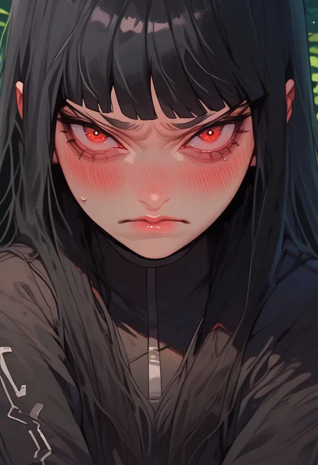 score_9, score_8_up, score_7_up, y0tt4, 1girl, solo,
tokismtiva, long hair, black hair, blunt bangs, red eyes, bodysuit, blush, embarrassed