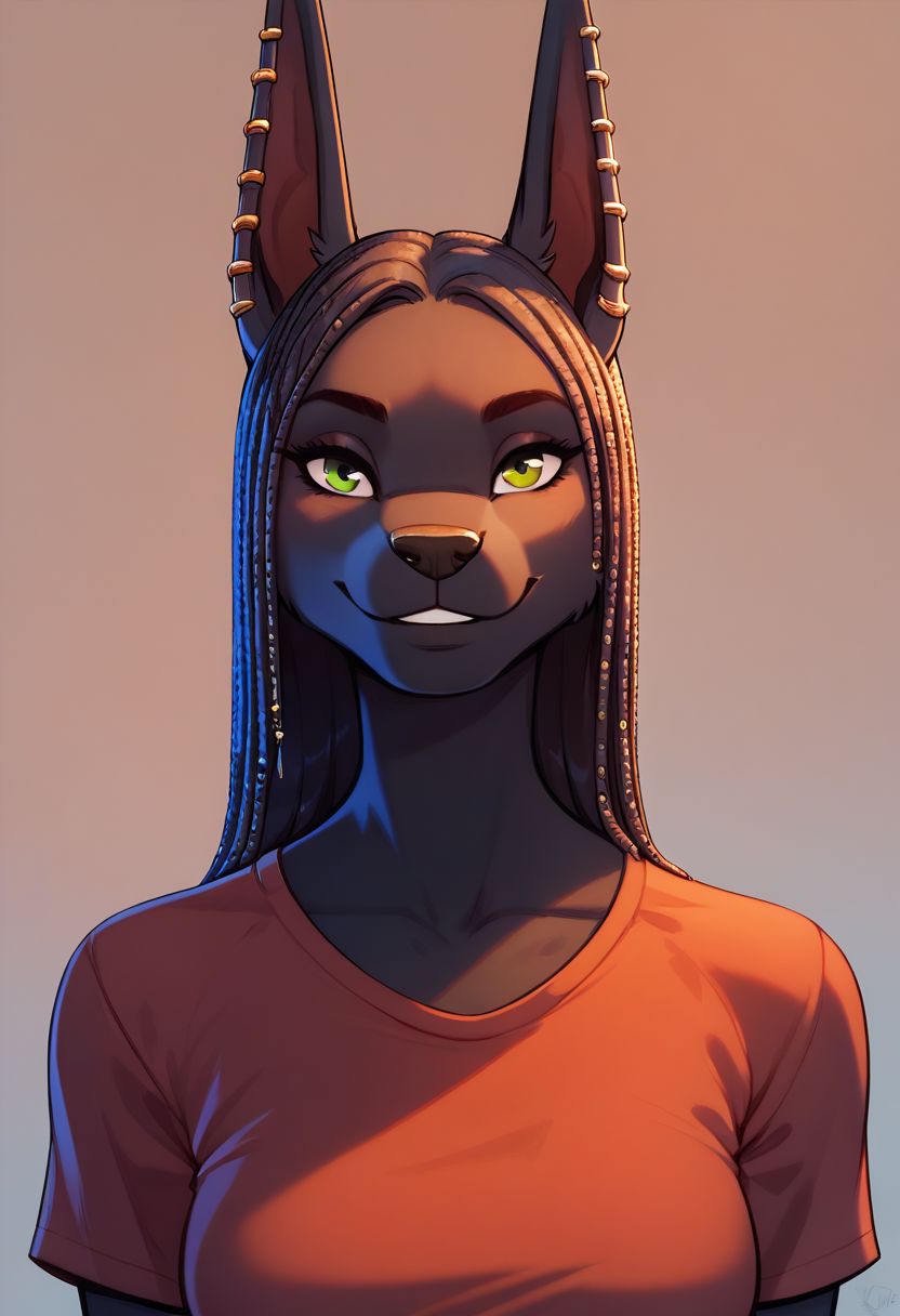 score_9, score_8_up, score_8, 1girl, smooth, anthro, highly detailed, perfect, high quality, high definition, shirt, face, up close face, looking at viewer, smiling, close up, face focus, dark skin, dark fur, black skin, black fur
