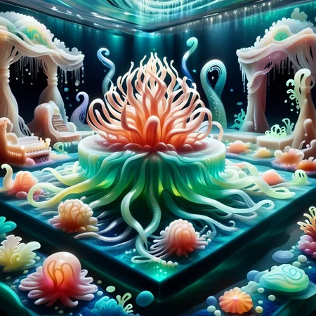 embedding:lazyup,sl1m3d,slime-morph, a bioluminescent mermaid with tentacle hair, lounging in an underwater throne room with slime-anemone chandeliers and jellyfish lanterns <lora:Slime_Morph_V4_(1):1.0000000000000002> <lora:add-detail-xl:0.9000000000000001>