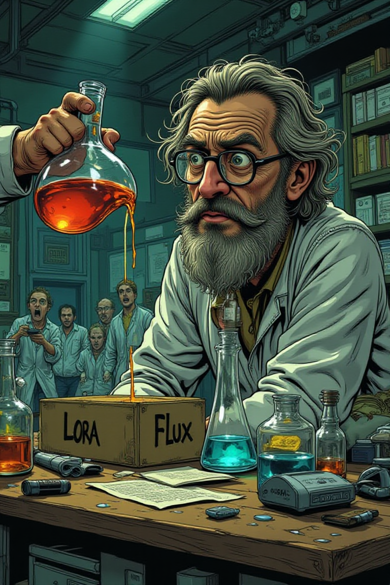 illustration, cartoon, anime, manga, drawing, A mad scientist pours (((a flask with liquid labeled "LORA": 1.5))) into a box labeled ((("FLUX": 1.4))). He watches the scene unfold. In the background, lab workers run away in shock.