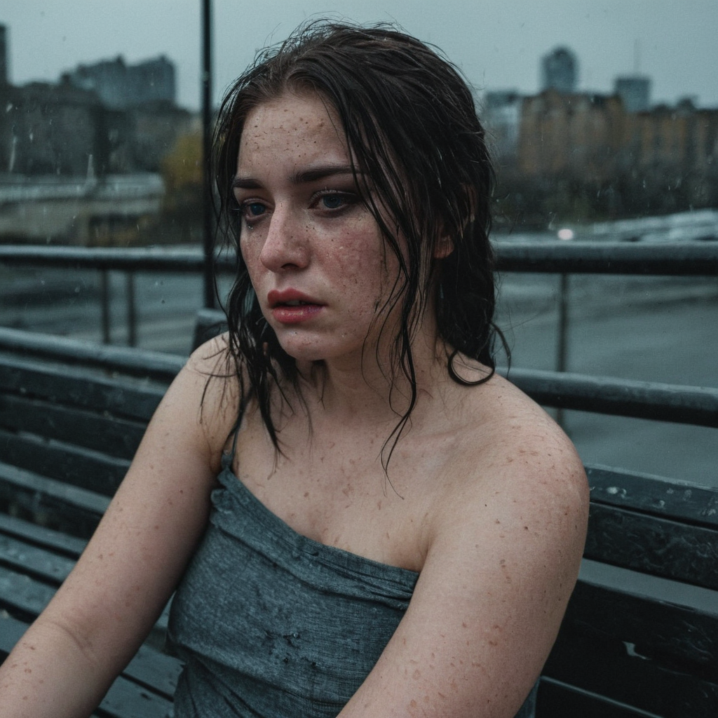 imperfect woman, candid photo, slightly overweight, real curves, realistic, sad, crying, desperate, heartbroken, tears, __Eyecolor__ eyes, extremely wet __Haircolor__ hair, ((dark makeup)), hyperdetailed photography, soft light, head and shoulders portrait, freckles:0.1, cover, soft light, sitting on a bench, gray wet city background, soft __Neoncolors__ neon signs on the distance.
