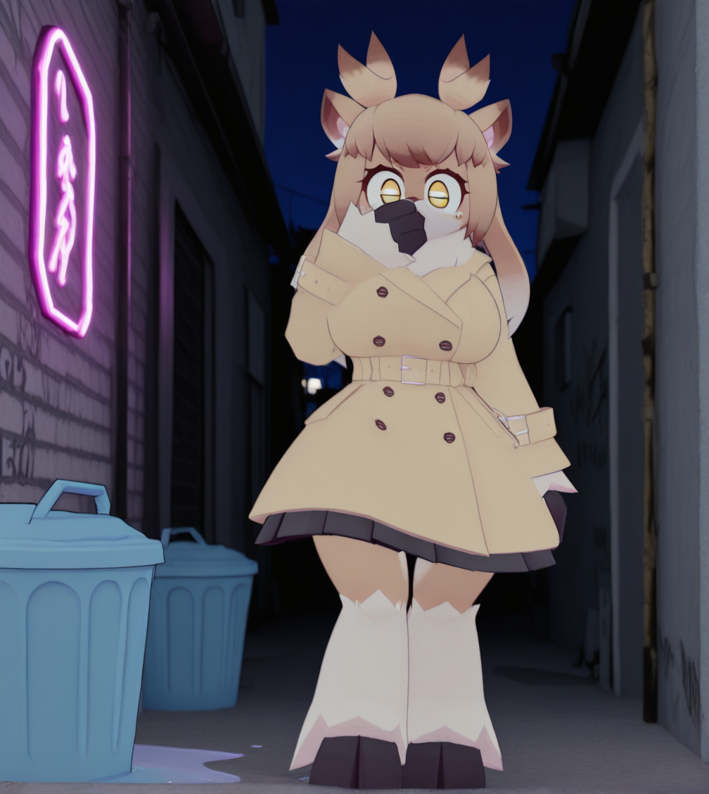 1girl, wild hips, huge breasts, covering mouth, headphones, mechanical hands, solo,alley, night, neon sign, puddle, trash can, graffiti, building,
ãªã¼ãã¢(ã·ã¼ã¬ï¼crepix),
furry female,deer girl,
body fur,white fur,brown fur,two-tone fur,
animal ears,
antlers,horns,
long hair,brown hair,colored tips,
white tips,
bangs, sidelocks,
gold eyes,
animal hands,
trench coat,brown coat,
belt,
pleated skirt,black skirt,
animal legs,hooves,
intricate details,detailed background, 3D,
<lora:noobaiXLNAIXL_epsilonPred11Version-lora:0.1> <lora:anatomy_helper:1> <lora:BallsDeep-IL-V2.2-S-NoMask-WithCloseups:1> <lora:Curve slider IXL2_alpha16.0_rank32_full_last:3><lora:ãªã¼ãã¢ã·ã¼ã¬crepix:1>