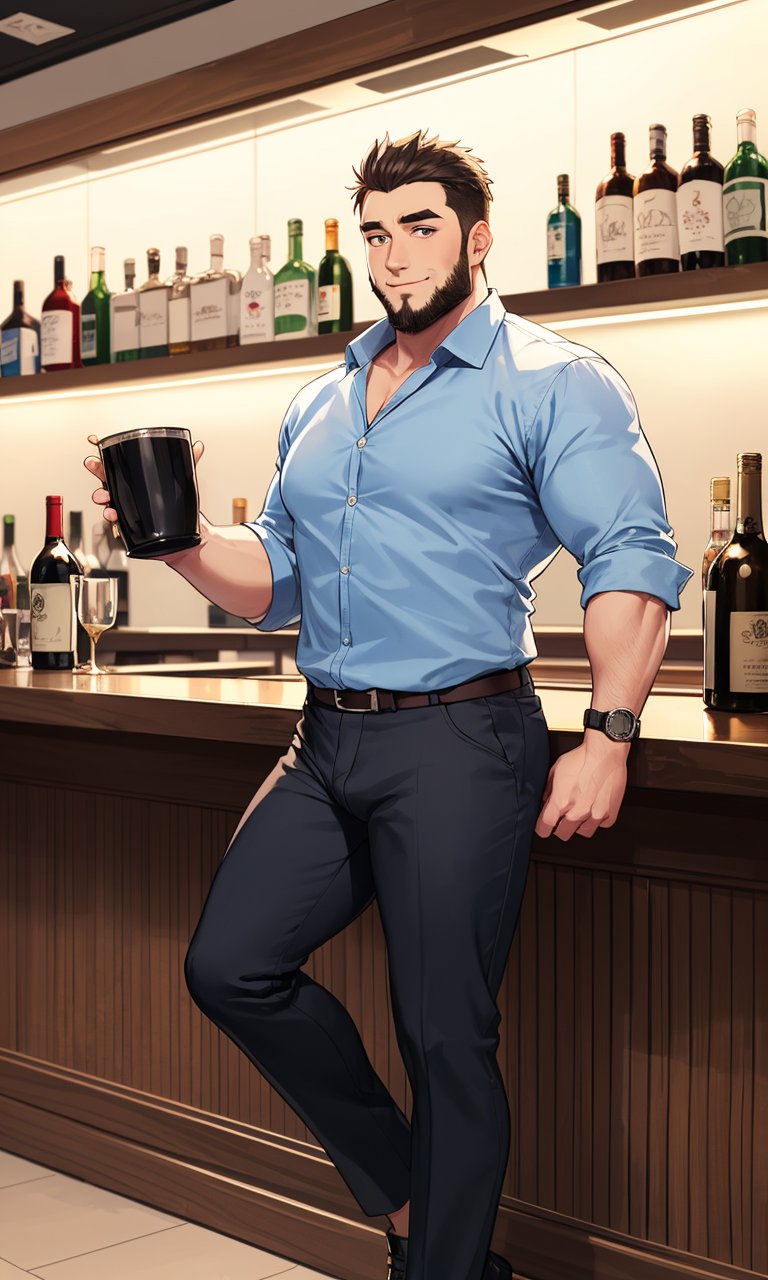 gay, bara, [muscular|(musclegut:1.3)], mature male, [massive|(stocky:1.3)], looking to the side, male focus, short hair, multicolored hair, full body, (bar:1.3), holding cup, (bulge:1.1)
BREAK An office worker on his way home from work is tipsy and in a (good mood:1.2), (Slightly dim lighting creates a high-quality atmosphere:1.2)