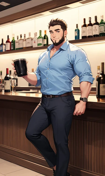 gay, bara, [muscular|(musclegut:1.3)], mature male, [massive|(stocky:1.3)], looking to the side, male focus, short hair, multicolored hair, full body, (bar:1.3), holding cup, (bulge:1.1)
BREAK An office worker on his way home from work is tipsy and in a (good mood:1.2), (Slightly dim lighting creates a high-quality atmosphere:1.2)