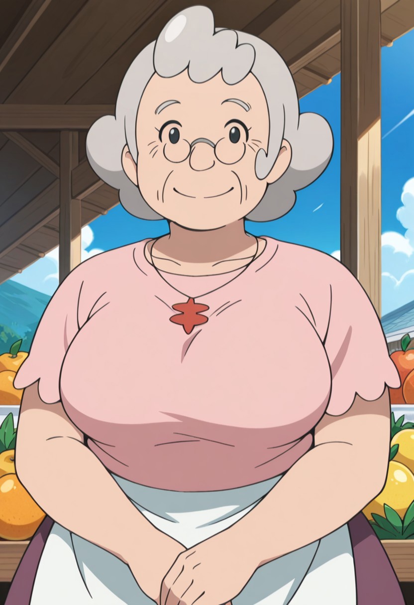 score_9,score_8_up,score_7_up,score_6_up,best quality,masterpiece, 1girl, solo, background is fruit stand, blue sky, clouds,
BREAK
anela, old woman, glasses, red necklace, black eyes, smile, closed mouth, grey hair, pink shirt, short sleeves, large breasts, white apron, purple skirt, looking at viewer,