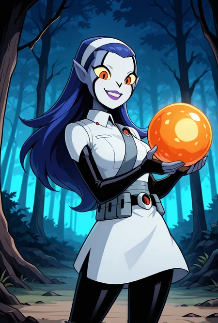 <lora:rookshar-10:1> rookshar, blue hair, colored skin, yellow sclera, long hair, 1girl, purple lips, white hairband, pointy ears, white suit, black sleeves, black pants, white skirt, short skirt, utility belt, smile,  sharp canines, teeth, dynamic pose, alien planet, holding glowing ball, glowing slime ball, orange slime balls,  blue trees, blue forest, rtx, masterpiece, best quality, amazing quality, very aesthetic, absurdres, newest,