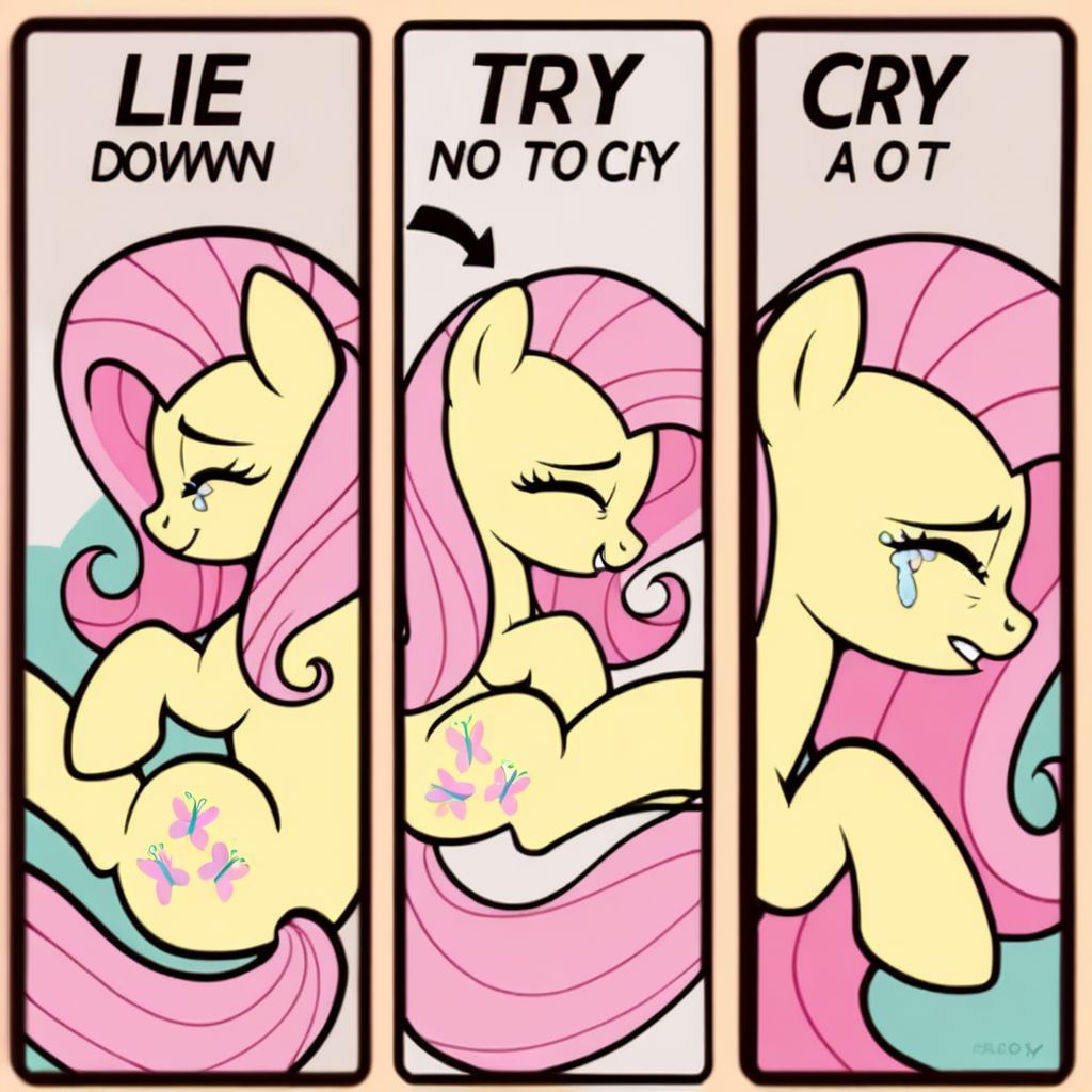 score_9, score_8_up, score_7_up, score_6_up, score_5_up, score_4_up, rating_safe, 1mare, Pony, Fluttershy, Show_style, 2D, cute. <subject>, m3m3, comic, english text, arrow \(symbol\), eyes closed, tears, fetal position