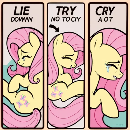 score_9, score_8_up, score_7_up, score_6_up, score_5_up, score_4_up, rating_safe, 1mare, Pony, Fluttershy, Show_style, 2D, cute. <subject>, m3m3, comic, english text, arrow \(symbol\), eyes closed, tears, fetal position