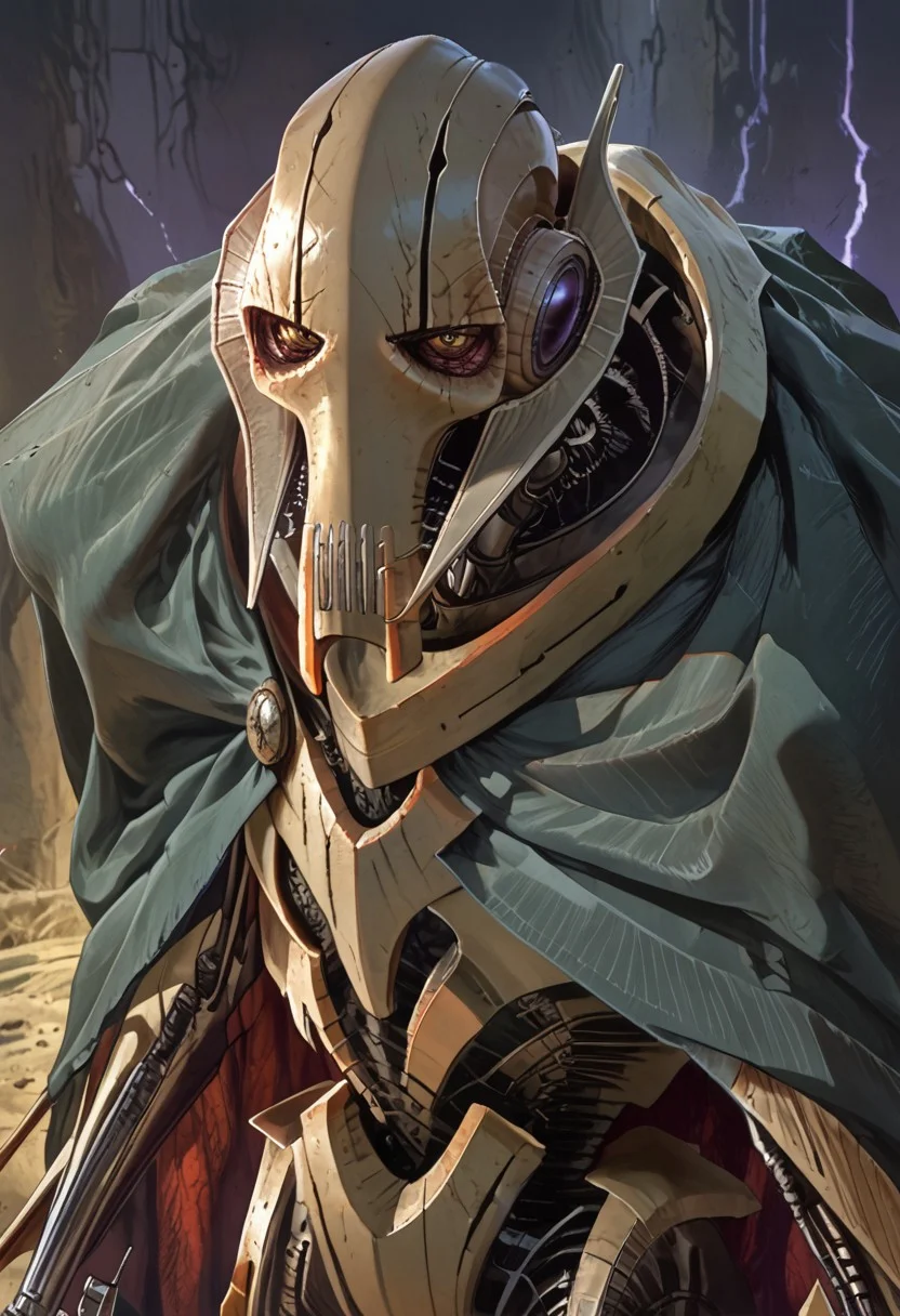 masterpiece illustration, (score_9, score_8_up:1.1),
((1boy, General_Grievous )), mecha, cape, portrait,
detailed, front view, light and shadow, volumetric lighting, cowboy shot, science fiction,