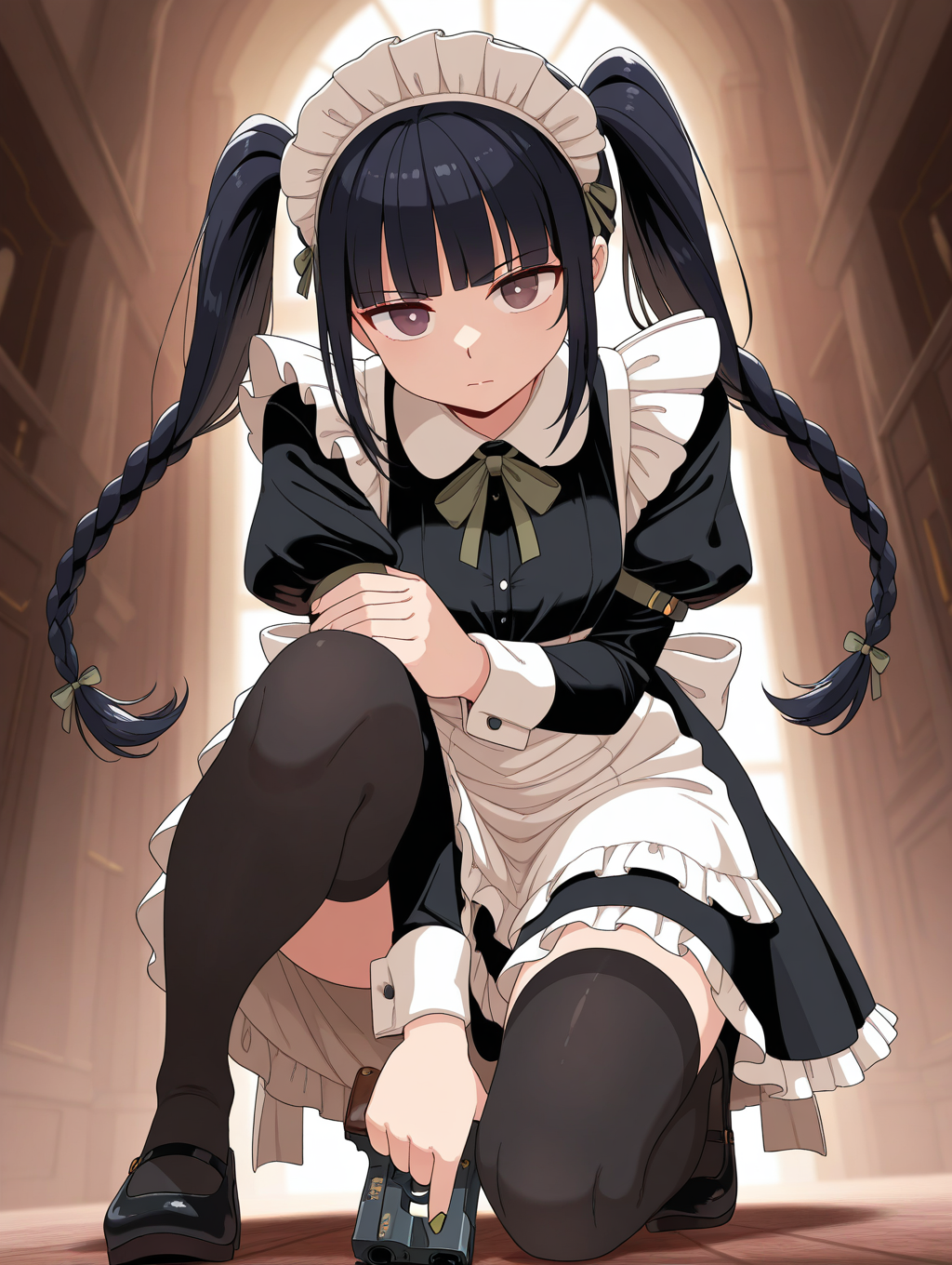 <lora:UScartoon:0.9>,1girl,solo,black thighhighs,suspenders,weapon,maid,holding,frills,apron,holding weapon,black footwear,dress,black dress,black hair,maid headdress,bangs,braid,one knee,twin braids,holding gun,white apron,ribbon,bow,long hair,closed mouth,gun,thigh,looking at viewer,brown eyes,foreshortening,maid apron,twintails,blunt bangs,, masterpiece,best quality,amazing quality,