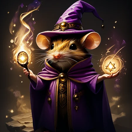 core_9, score_8_up, score_7_up, <lora:MazesMicePony:1> MazesAndMice, The image is a digital illustration of a mouse dressed up as a wizard. The mouse is wearing a purple hat with a gold emblem on it and a blue cloak with gold accents. It is holding a wand with a fire burning on it which is also holding a golden orb. The background is dark and there are small white dots scattered around the mouse giving it a magical and whimsical appearance. The overall mood of the image is mysterious and magical., hat, mouse, wizard, witch hat, fire, holding, solo, cape, whiskers, magic