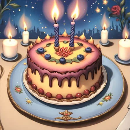 <lora:Wonderland:1> ArsMJStyle, Wonderland, The image shows a painting of a cake with candles on top of it sitting on a plate on a table. The cake is decorated with a flower adding a touch of color and beauty to the painting., no humans, food, candle, food focus, flower, cake, still life, leaf, fruit, star (sky), fire, star (symbol), plate