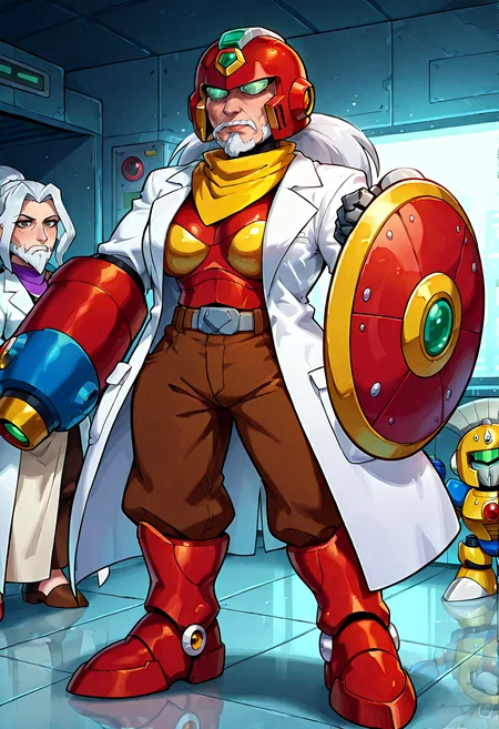 IllustriousQual, <lora:StS-Illustrious-Detail-Slider-v1.0:2> <lora:cfg_scale_boost:0.3> <lora:StS_Age_Slider_Illustrious_v1:3>,detailed_background,indoors,dr. light \(mega man\),2girls,yellow scarf,proto man,arm cannon,white coat,lab coat,white hair,holding,mega man \(classic\),scarf,bakugan,mega man \(series\),full body,holding shield,claws,multiple girls,medarot,red helmet,facial hair,assault visor,dragon,armor,robot,coat,red armor,shield,golden armor,weapon,brown pants