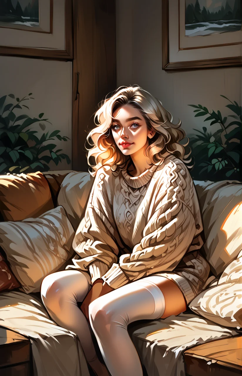 score_9_up, score_8_up, score_7_up ,masterpiece, absurdres, photorealistic, smooth skin,
sweet girl, medium-length sandy blonde hair in soft waves, blushing expression, wearing a cozy beige sweater and leggings, sitting on a couch in a rustic cabin by a crackling fireplace
<lora:Roxxin_Cute_Style_1.0:0.9>