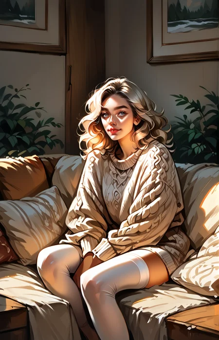 score_9_up, score_8_up, score_7_up ,masterpiece, absurdres, photorealistic, smooth skin,
sweet girl, medium-length sandy blonde hair in soft waves, blushing expression, wearing a cozy beige sweater and leggings, sitting on a couch in a rustic cabin by a crackling fireplace
 <lora:Roxxin_Cute_Style_1.0:0.9>
