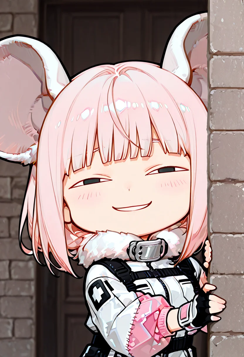 masterpiece, ultra-HD, very aesthetic, 8K, high detail, depth of field, score_9, score_8_up, high detail, 
BREAK
BREAK
1girl, solo, light black hair, medium-length hair, blunt bangs, flowing hair, Light pink flared sleeves, light pink cropped flight jacket, white base with black pattern tight combat suit, white fur collar, zippered opening, unzipped, patchwork style, high collar, fingerless gloves, wrist guards, functional belt, hip accessory, safety harness buckle, oversized rat ears, chibi, 
BREAK
anyas heh face, anya's heh face (meme), smile, smug, brick wall, peeking out, hiding, 
BREAK
kilroy was here, meme, 
BREAK
<lora:Rat_Chibi:1>,  <lora:IL_kilroy_was_here:1>, <lora:anyas-heh-face-illustriousxl-lora-nochekaiser:1>,
