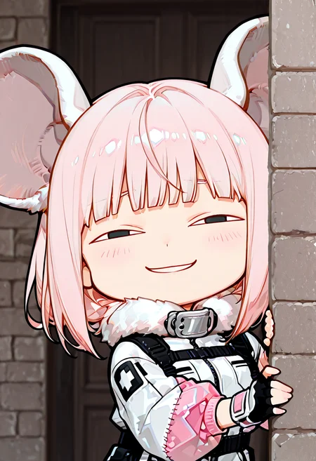 masterpiece, ultra-HD, very aesthetic, 8K, high detail, depth of field, score_9, score_8_up, high detail, 
BREAK
BREAK
1girl, solo, light black hair, medium-length hair, blunt bangs, flowing hair, Light pink flared sleeves, light pink cropped flight jacket, white base with black pattern tight combat suit, white fur collar, zippered opening, unzipped, patchwork style, high collar, fingerless gloves, wrist guards, functional belt, hip accessory, safety harness buckle, oversized rat ears, chibi, 
BREAK
anyas heh face, anya's heh face (meme), smile, smug, brick wall, peeking out, hiding, 
BREAK
kilroy was here, meme, 
BREAK
<lora:Rat_Chibi:1>,  <lora:IL_kilroy_was_here:1>, <lora:anyas-heh-face-illustriousxl-lora-nochekaiser:1>,