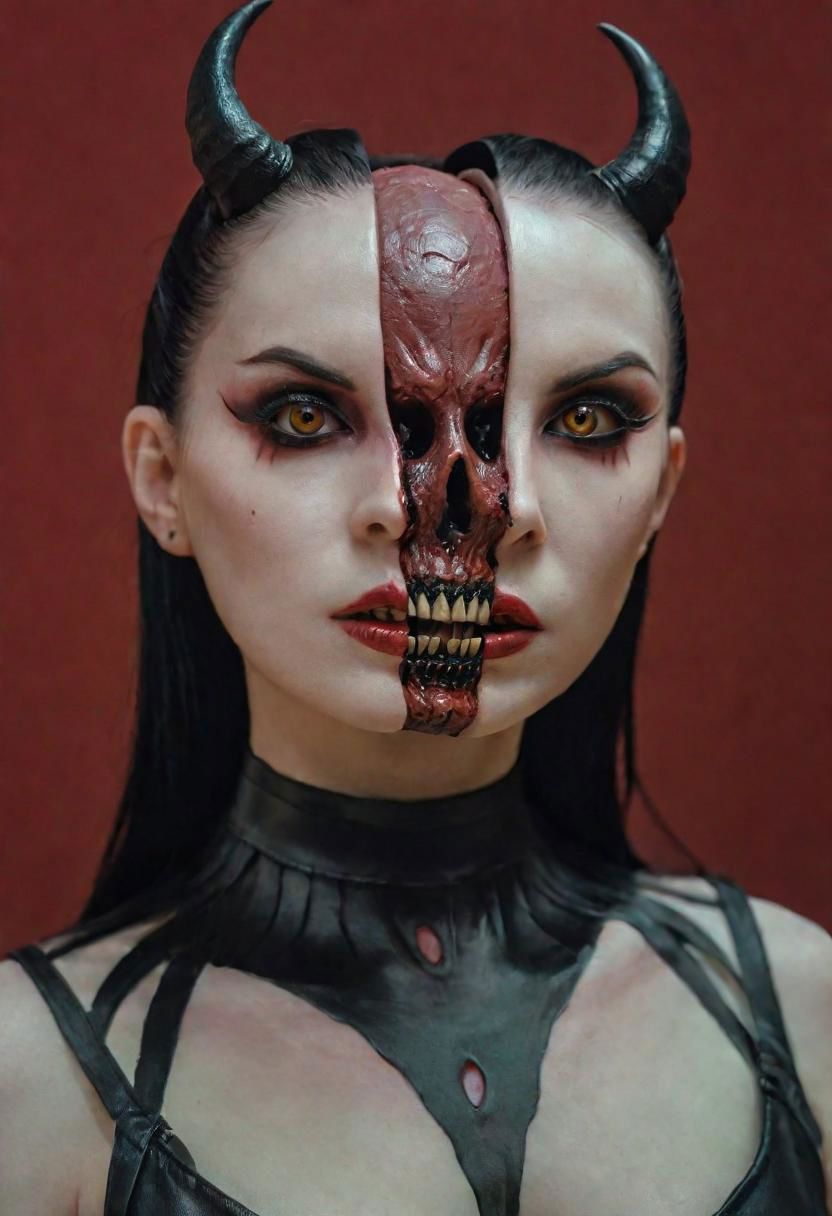 Dark art chdmchlwrd style, split head and body, split demon body inside beautiful seductive goth model, glamour shoot, macabre, sinister, extremely lifelike, realistic skin texture, raytracing, sharp focus, 8k, hdr, masterpiece, photography, dslr, kodachrome, 35mm photograph, analog film, professional, highly detailed, thought-provoking masterpiece
