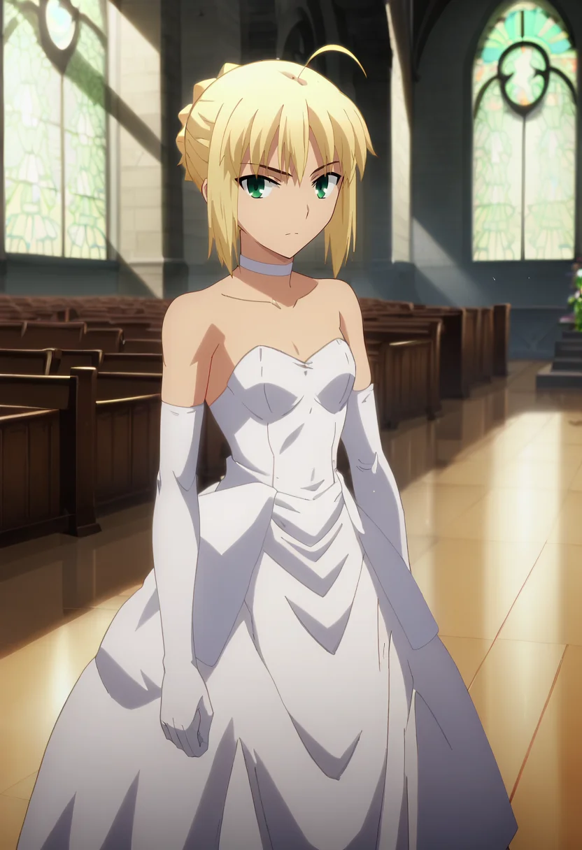 score_7_up, animescreencap,
<lora:FateStayNightUBW_SaberXL:0.9>, SaberFS,
1girl, solo,
blonde hair, green eyes, short hair, french braid, ahoge,
SaberWedding, wedding dress, white dress, strapless, choker, elbow gloves,
standing, looking at viewer,
indoors, church