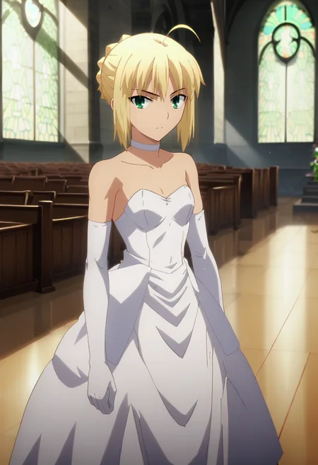 score_7_up, animescreencap,
<lora:FateStayNightUBW_SaberXL:0.9>, SaberFS,
1girl, solo,
blonde hair, green eyes, short hair, french braid, ahoge,
SaberWedding, wedding dress, white dress, strapless, choker, elbow gloves,
standing, looking at viewer,
indoors, church