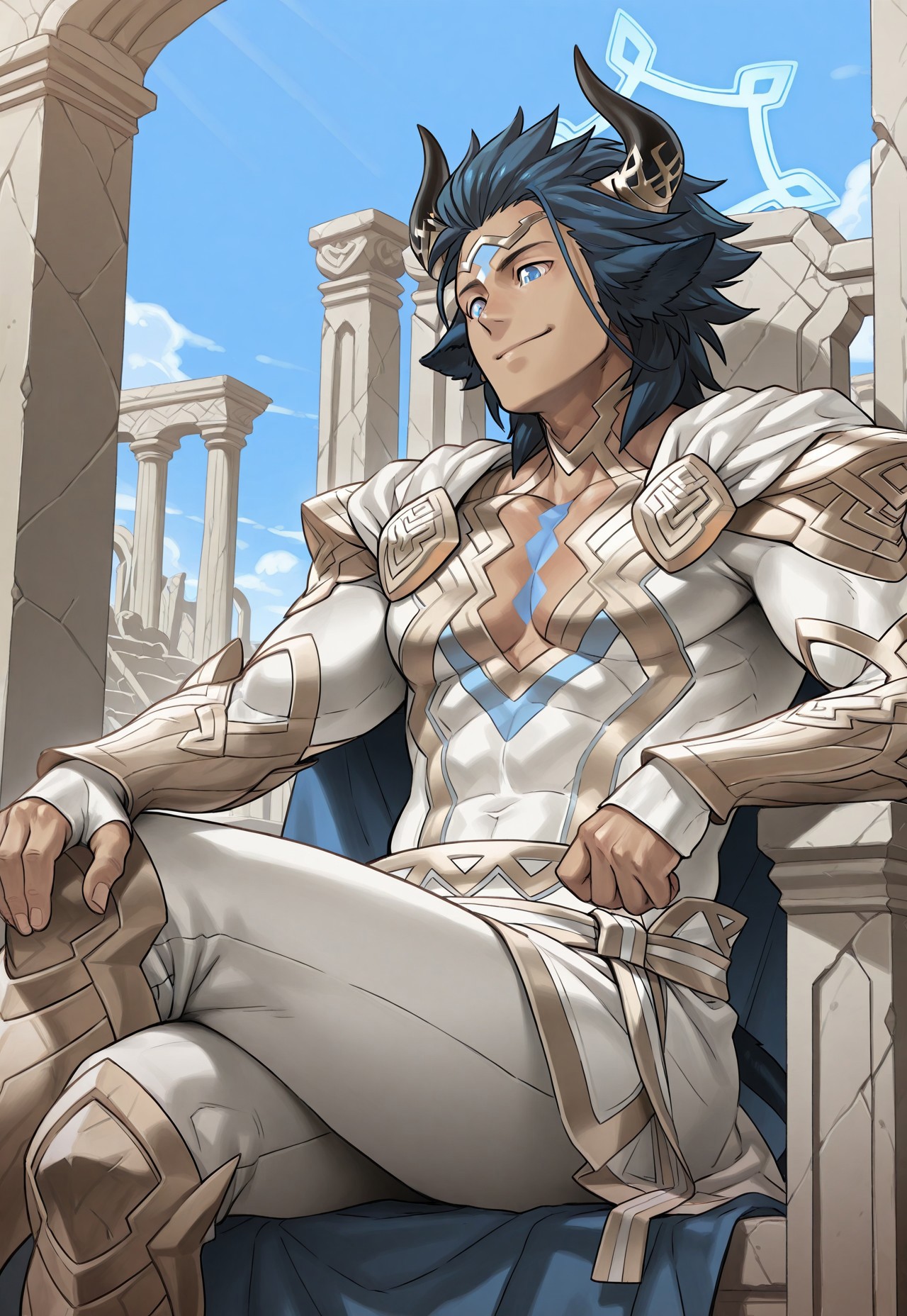 masterpiece, best quality, newest, extreme detail description, amazing quality, 1boy solo, 4skr_fe, blue hair, blue eyes, cown ears, horns, dark-skinned male, blue halo, jewelry, gauntlets, fingerless gloves, blue cape, two-sided cape, white bodysuit, gold trim, leg armor, sitting on throne, legs crossed, resting face on arm, greek ruins, outside, sunny, blue sky, smile, close-up:1.2