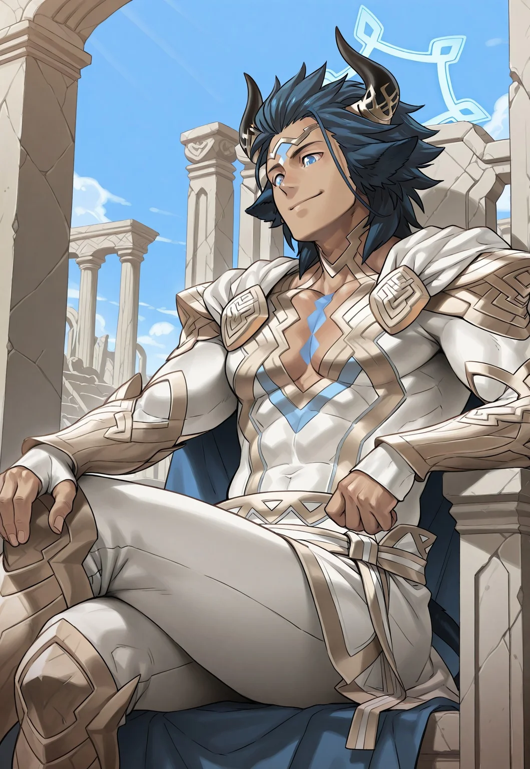 masterpiece, best quality, newest, extreme detail description, amazing quality, 1boy solo, 4skr_fe, blue hair, blue eyes, cown ears, horns, dark-skinned male, blue halo, jewelry, gauntlets, fingerless gloves, blue cape, two-sided cape, white bodysuit, gold trim, leg armor, sitting on throne, legs crossed, resting face on arm, greek ruins, outside, sunny, blue sky, smile, close-up:1.2