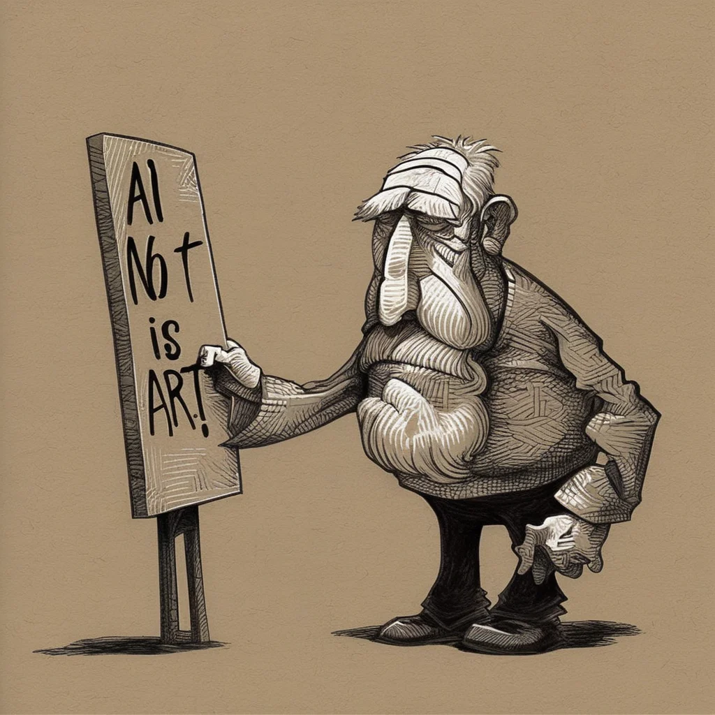 drawix5 drawing old sad artist holding a board saying: AI is not art <lora:drawix5:1>