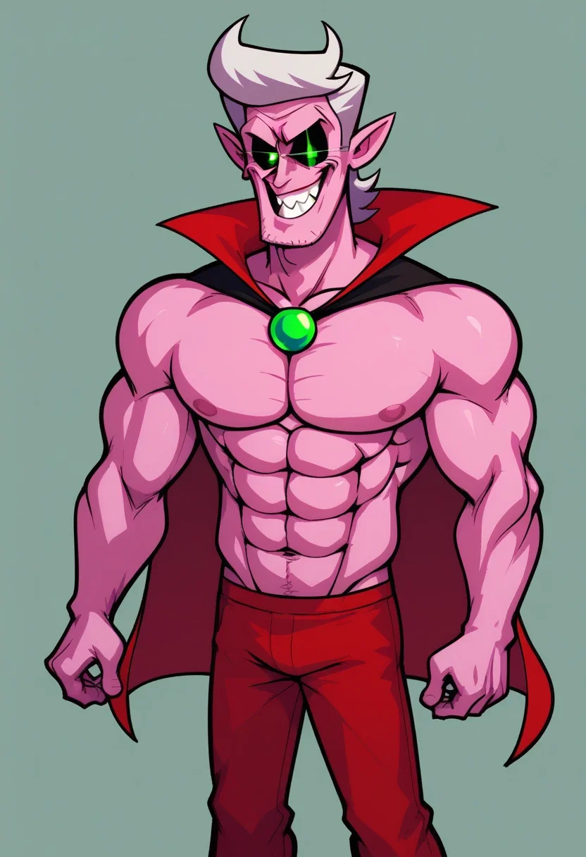 VladDearestB3FNF, 1boy, hot pink skin, black sclera, colored sclera, sharp teeth, pointy ears, green glowing eyes, silver hair, longer hair, red cape, green gem on top of chest fur, muscular, abs, biceps, dark blood red pants, dark navy blue shoes, cartoonish, cartoon style, cartoon, 2d, digital art, 2d art, solo, full body