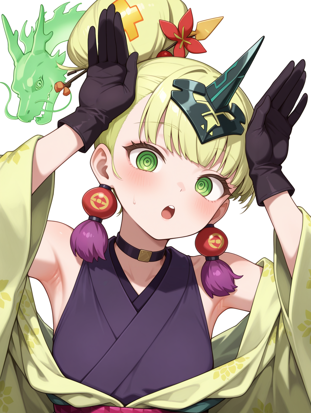 no-p.u.n.k. deer note,1girl,solo,open mouth,looking at viewer,teeth,upper body,blush,red hair ornament,purple tassel earrings,black choker,black gloves,black horn headpiece,green haori,purple sleeveless kimono,pink sash,ringed eyes,off shoulder,outstretched arms,green hologram east dragon,:o,rabbit pose,:o. leaning to the side,bare shoulders,armpit crease, sidecut
masterpiece,best quality,amazing quality,very aesthetic,absurdres,newest,<lora:No-P.U.N.K. Deer Note illusXL v1:0.75>,