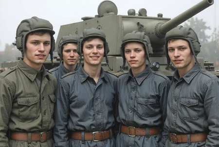 <lora:Inkquaria:0.8> Inkquaria, <lora:kv1:0.8>,kv1,<lora:soviet-tank-crew:0.8> soviet-tank-crew,
nkquaria. watercolor painting of a soviet soldier.Four Soviet tank crew members wearing tank crew helmets and blue jumpsuits stand next to the tank and smile.