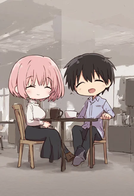 score_4,score_5,score_6,score_7_up,score_8_up,score_9 ((masterpiece,best quality,ultra detailed,highres,HD,4k:1.2)),
chibi,full body,deformed,
1 girl and 1 boy,hetero,girl focus,
bobcut pink hair giri,large breast,
black short hair boy,
Indoors, cafe, sitting on chair, coffee,
smile,happy,closed eyes,open mouth,