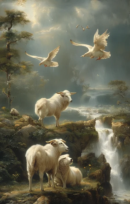 masterpiece,best quality,<lora:tbh240-sdxl:0.9>,illustration,style of Fritz Zuber-Buhler, animals