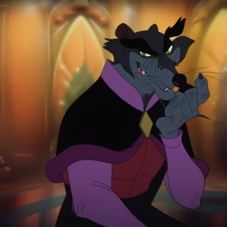 score_9_up, score_8_up, score_7_up, Masterpiece, best quality, high quality, detailed, male, solo male, 1boy, Jenner, rat, mature male, gray fur, thick black eyebrows, sharp teeth, green eyes, anthro, anthro male, indoors, looking at viewer, grinning, purple vest, black cloak, half body, black pants