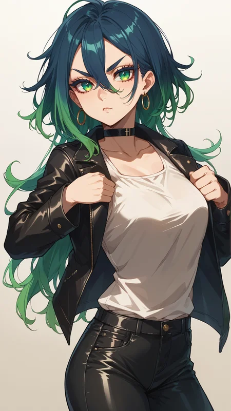 score_9,score_8_up,score_7_up,score_6_up, <lora:xl_more_art-full_v1:0.5>, source_anime, girl, dynamic pose, <lora:Filoen - Pony:0.8>, long hair, dark blue hair, gradient hair, multicolored hair, dark blue roots, green hair, colored tips, green tips, green eyes, messy hair, hair between eyes, loop earrings, black choker, thick eyelashes, black leather jacket, black pants, leather pants, serious, fierce,